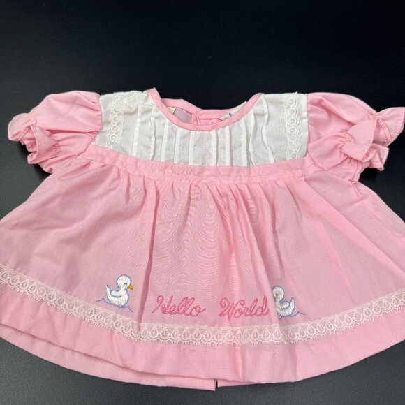 Retro Baby Dress Other - Vtg 70's 80's Baby Girls "Hello World" Pink Dress w/Duck Embroidery 0-6 months